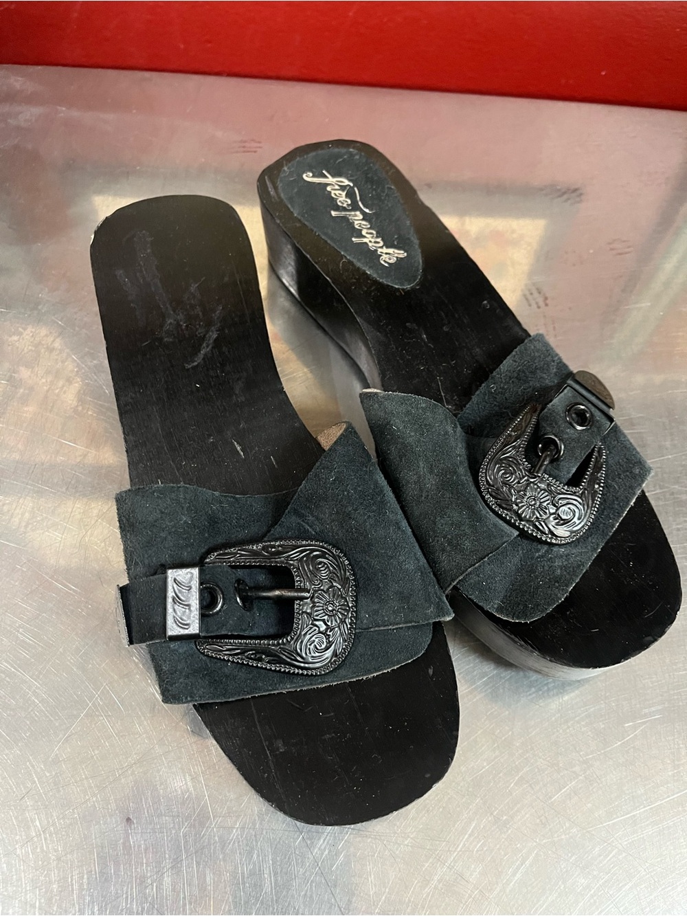 Free People Black Suede Buckle Slide Sandals